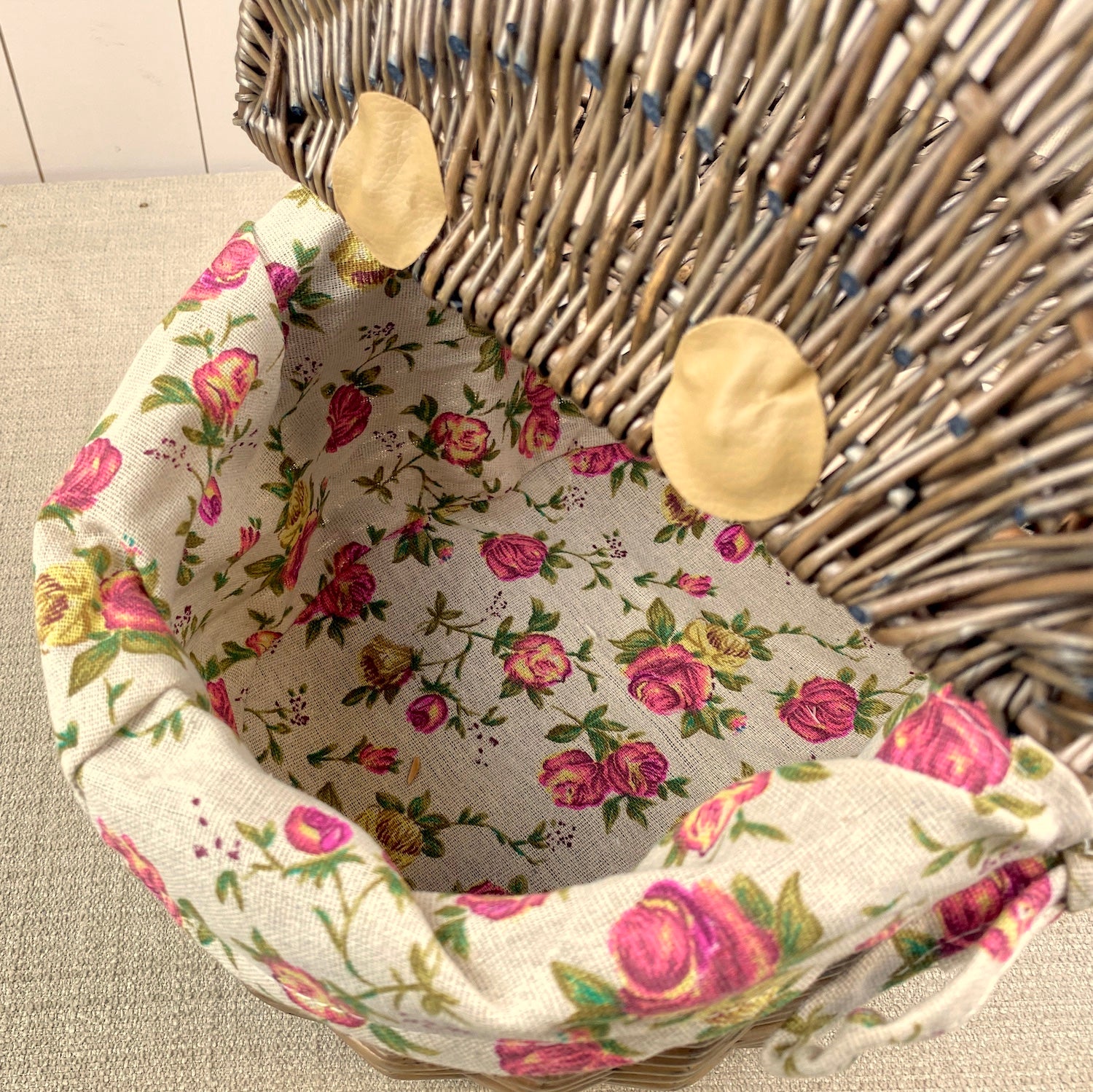Antique Oval Lidded Project Basket with Vintage Rose Lining