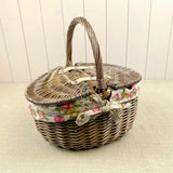 Antique Oval Lidded Project Basket with Vintage Rose Lining