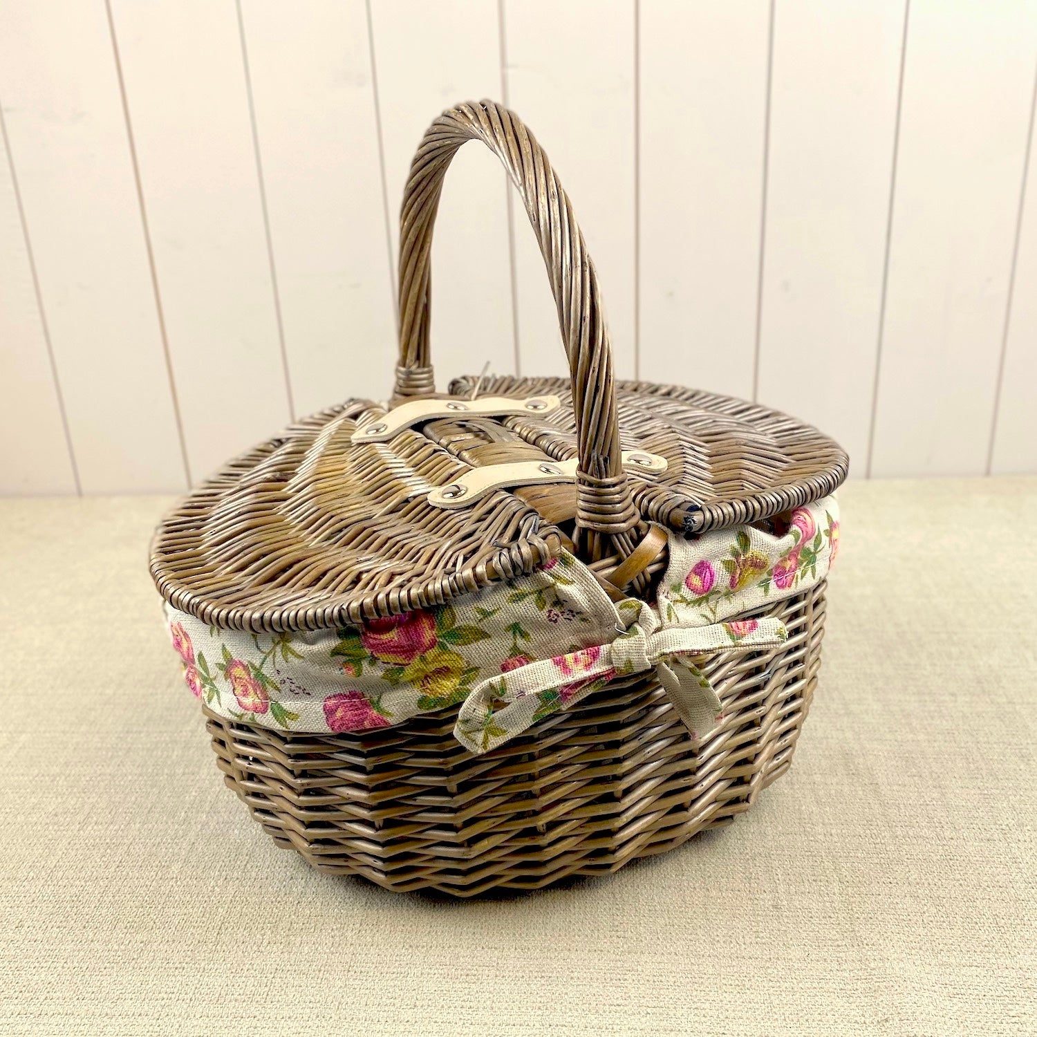 Antique Oval Lidded Project Basket with Vintage Rose Lining