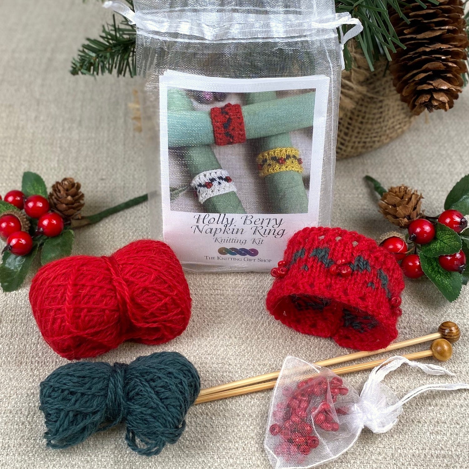 Holly Berry Napkin Ring Holders Knitting Kit (makes 6)