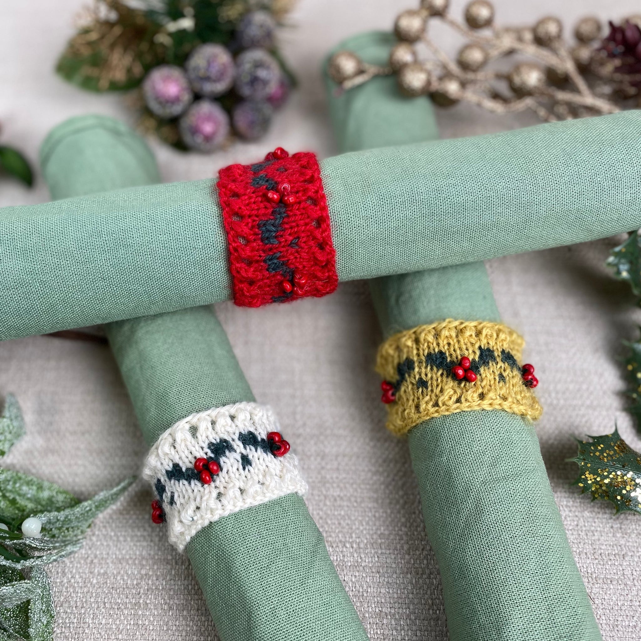 Holly Berry Napkin Ring Holders Knitting Kit (makes 6)