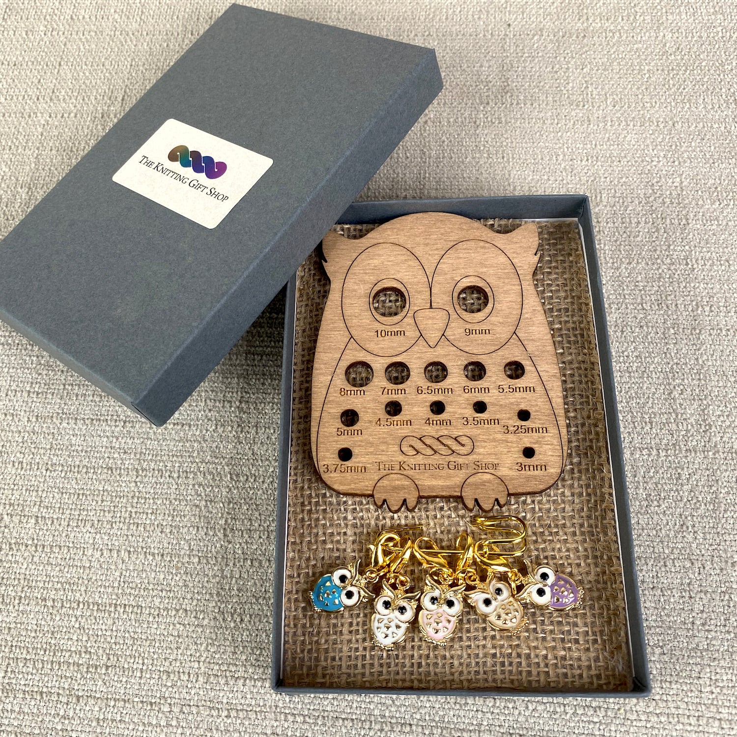 Owl Knitting Needle Gauge and Stitch Markers Gift Set