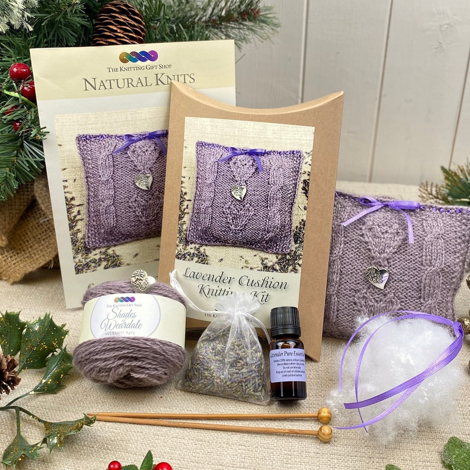 Lavender Cushion Knitting Kit (with complimentary bottle of lavender essential oil)