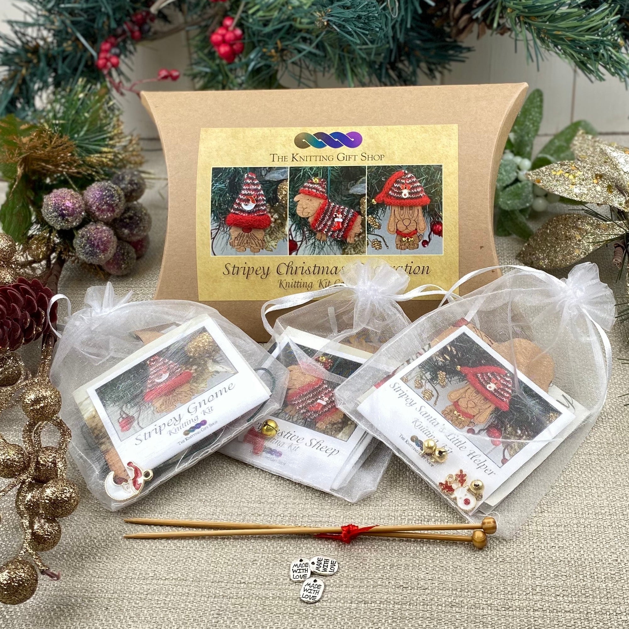 Christmas Decoration Knitting Kit Gift Box - Stripey Collection