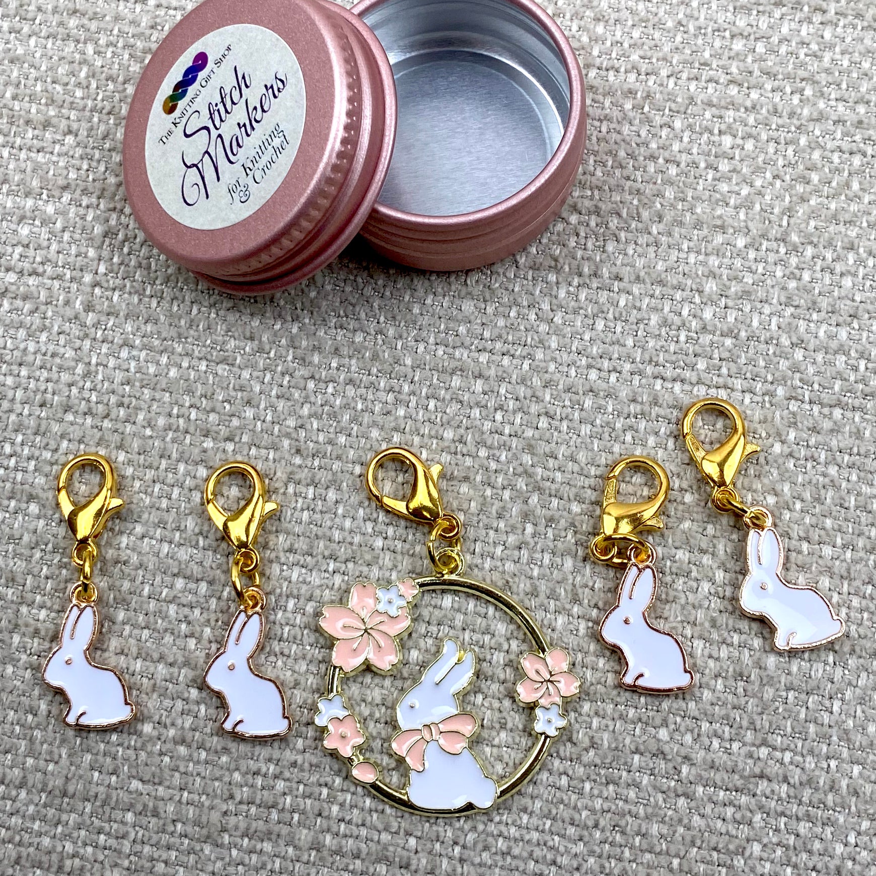 Stitch Markers in a Tin - White Bunnies